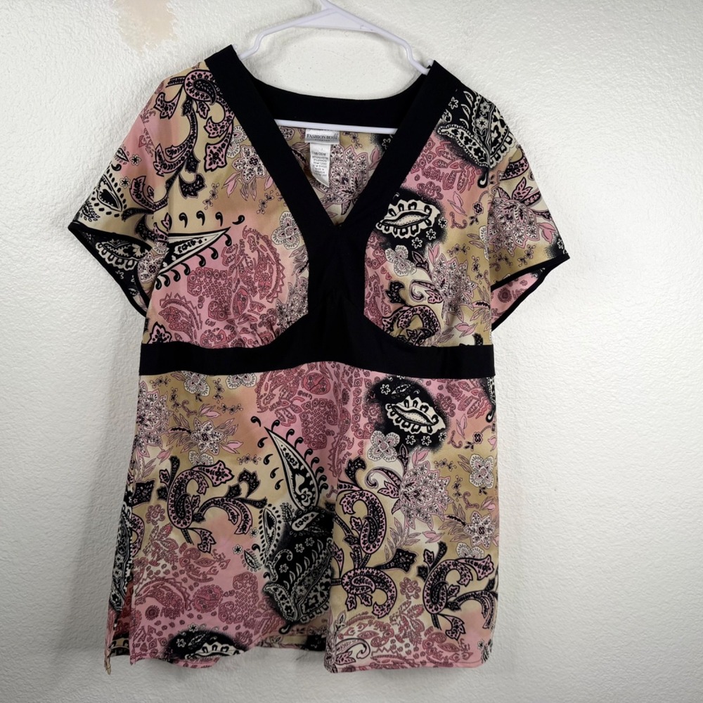 Fashion Bug Women's Top Pink Black Sz 18/20 Babydoll Y2K Paisley Twee Boho